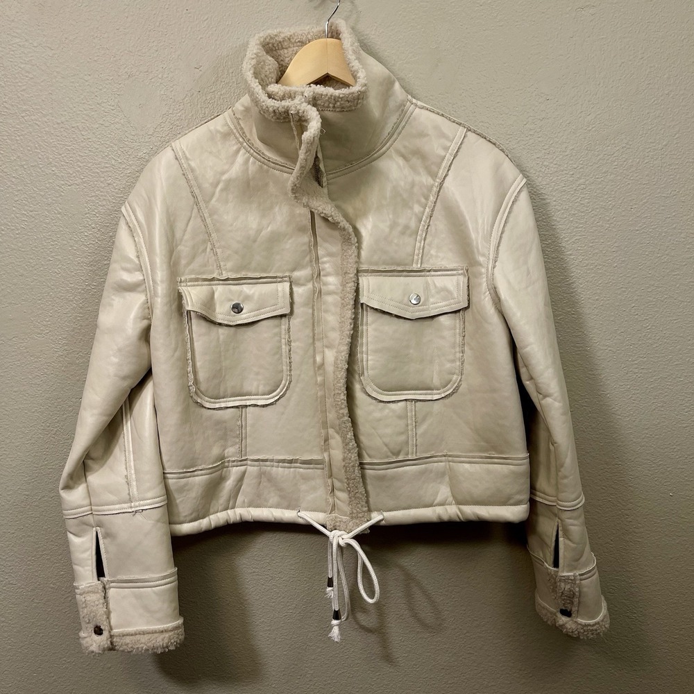 Cream Faux Leather Sherpa Aviator Jacket Oversized Cropped Moto Women's Sz M EUC